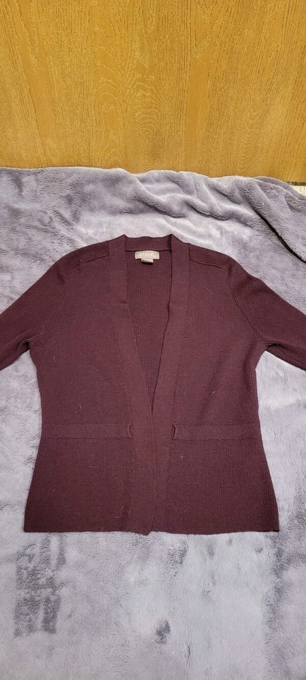 Kenar Italian Merino Wool Cardigan Sweater Women L Plum Open Front Fall Preppy